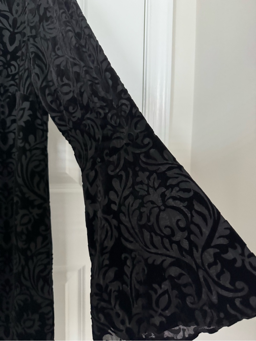 Black Burnout Velvet Long Sleeve Dress bell sleeves - Picture 3 of 8